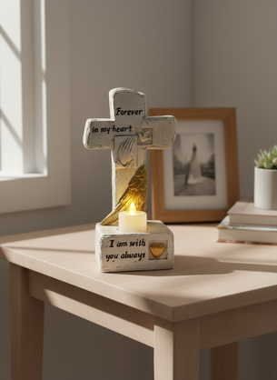 Faithful Light: Praying Hands Cross with Gold Heart & Tealight Religious Keepsake