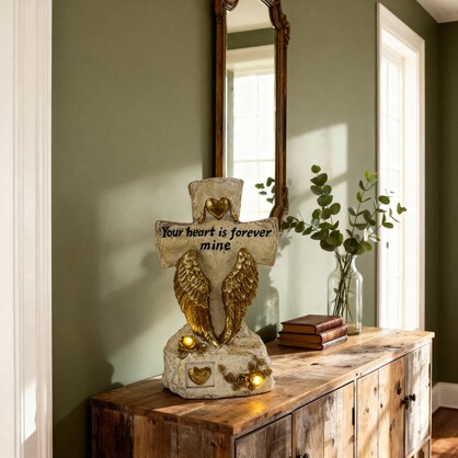 Eternal Love: “Your Heart is Forever Mine” Cross with Light-Up Roses, Hearts & Angel Wings Religious Keepsake.