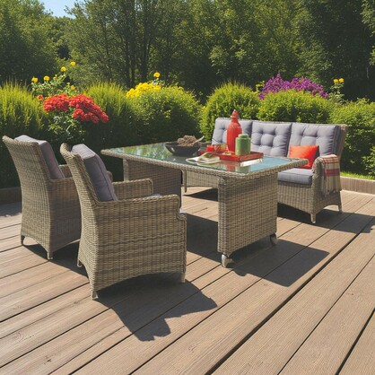 Alphington 5-Seater Outdoor Lounge & Dining Set – Aluminium Frame, Wicker, Blue Cushions