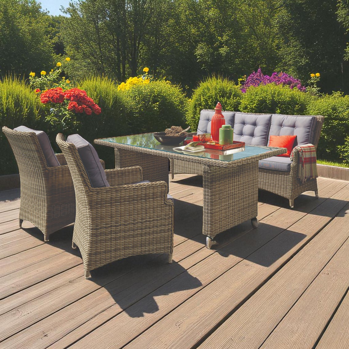 Alphington 5-Seater Outdoor Lounge & Dining Set – Aluminium Frame, Wicker, Blue Cushions