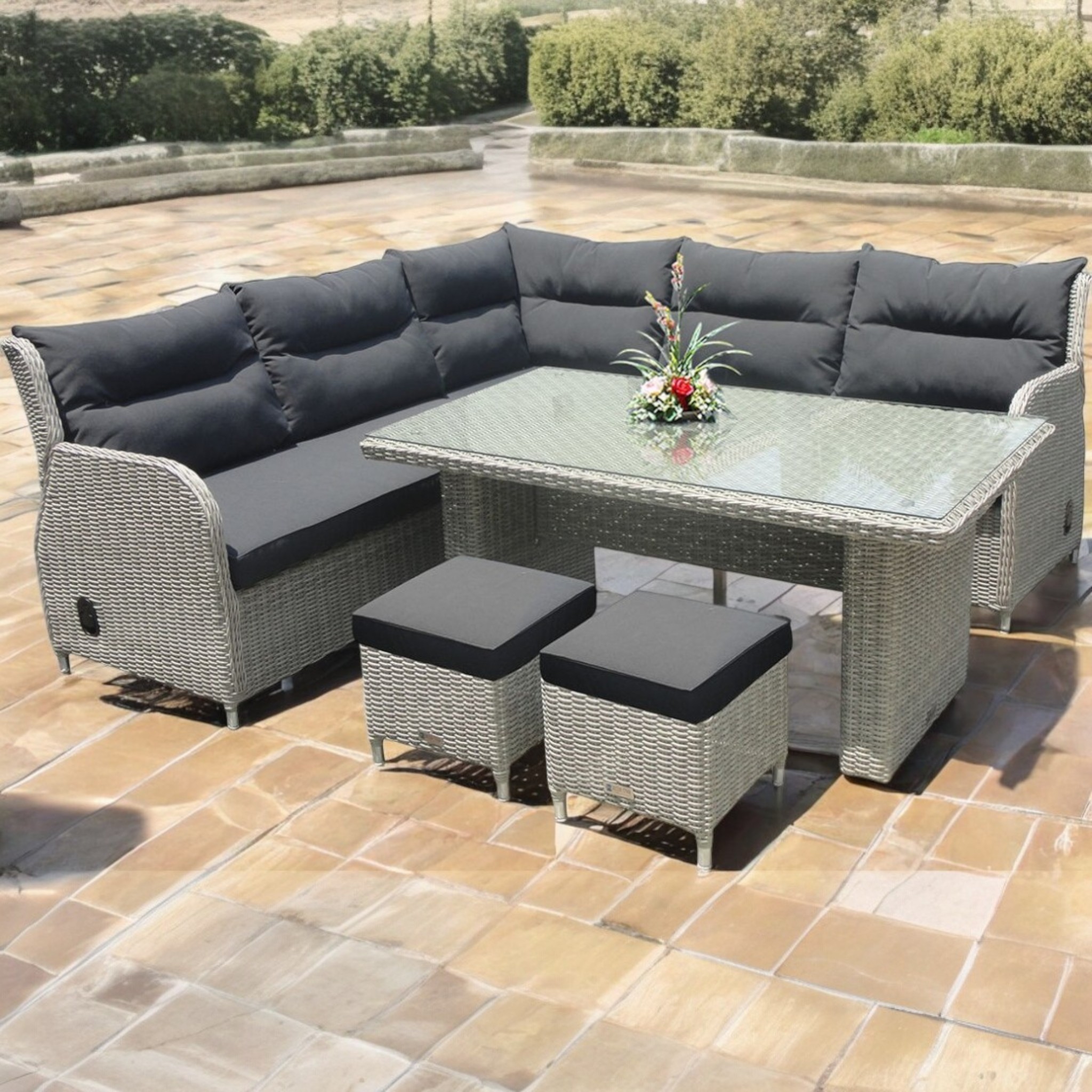 Armadale 7‑Seater Outdoor Reclining Lounge & Dining Set – Aluminium & Wicker