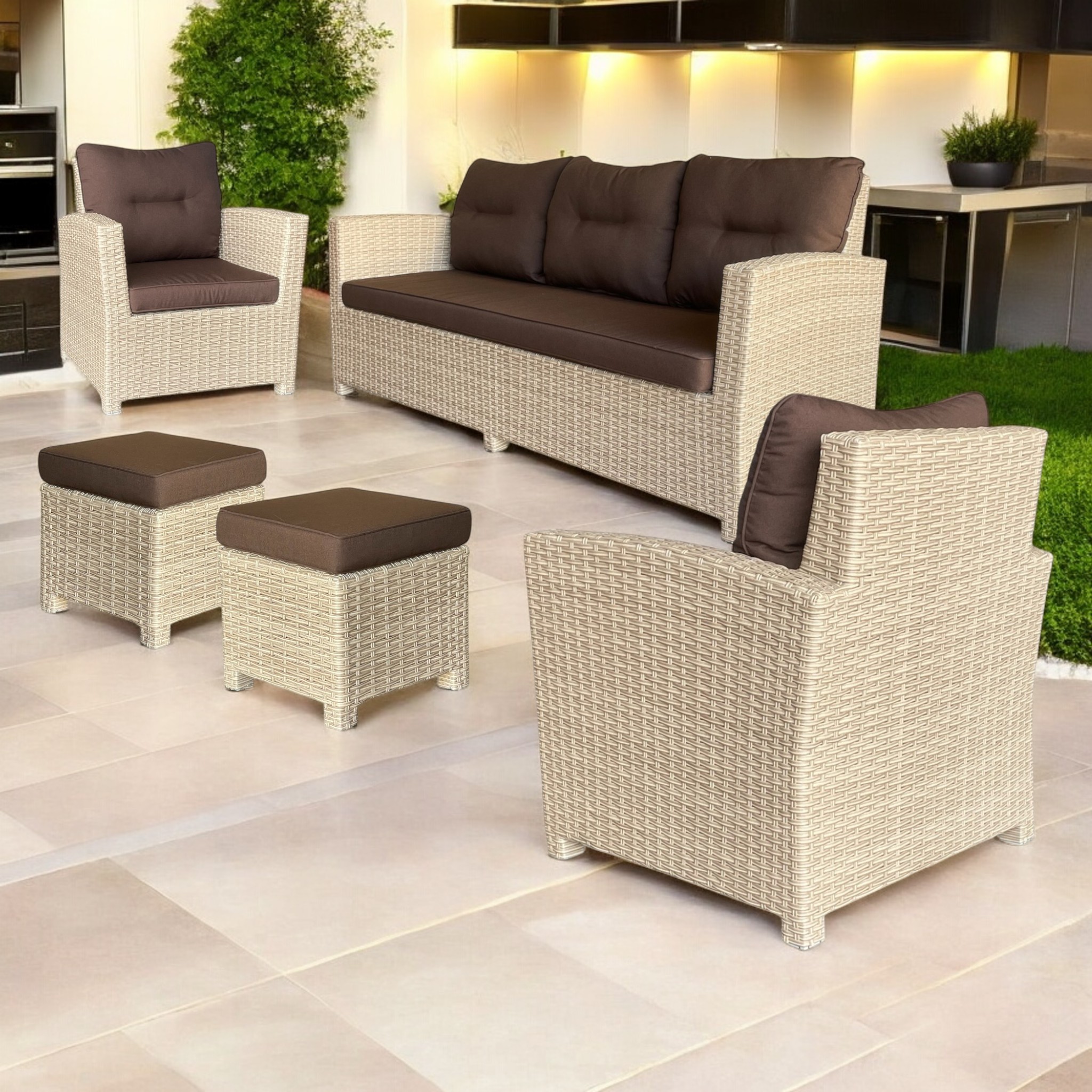 Camberwell Outdoor Wicker Lounge Sofa, Chairs & Ottoman Set – Durable Aluminium Frame