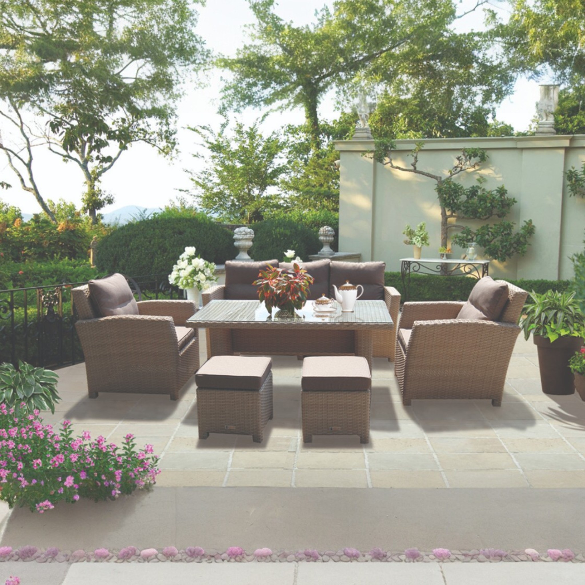 Camberwell Outdoor Wicker Lounge Sofa, Chairs & Ottoman Set – Durable Aluminium Frame