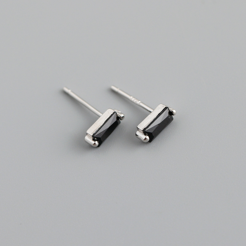 Baguette Noir Studs - Silver