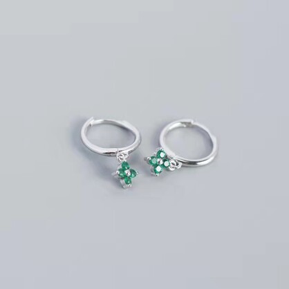 Flower Green Huggie - Silver