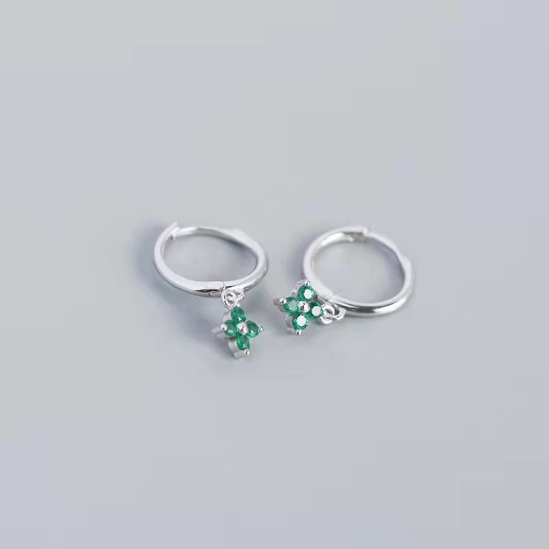Flower Green Huggie - Silver