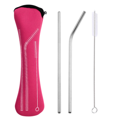 Reusable Metal Straws Set With Cleaner Brush And Red Bag