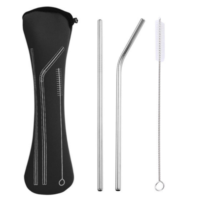 Reusable Metal Straws Set With Cleaner Brush And Black Bag