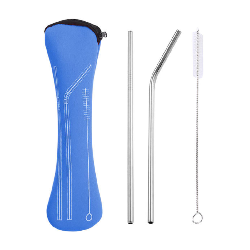 Reusable Metal Straws Set With Cleaner Brush And Dark Blue Bag