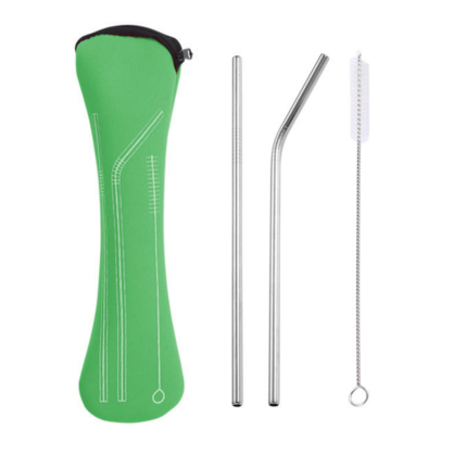 Reusable Metal Straws Set With Cleaner Brush And Green Bag