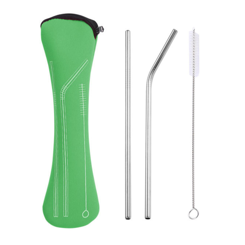 Reusable Metal Straws Set With Cleaner Brush And Green Bag