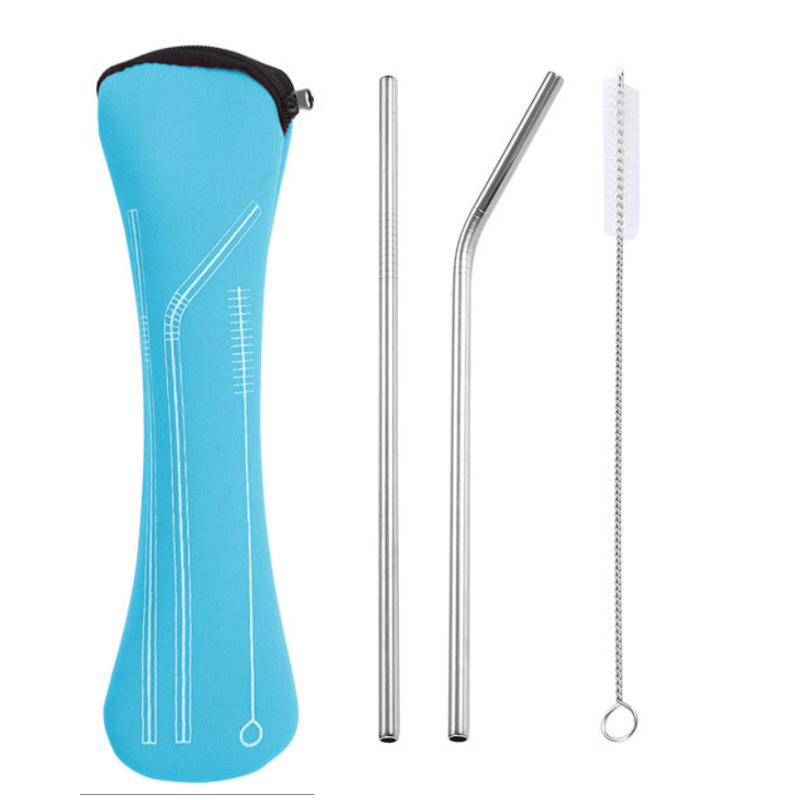 Reusable Metal Straws Set With Cleaner Brush And Light Blue Bag