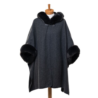 THSP1041: Dark Grey: Faux Fur Hooded Poncho