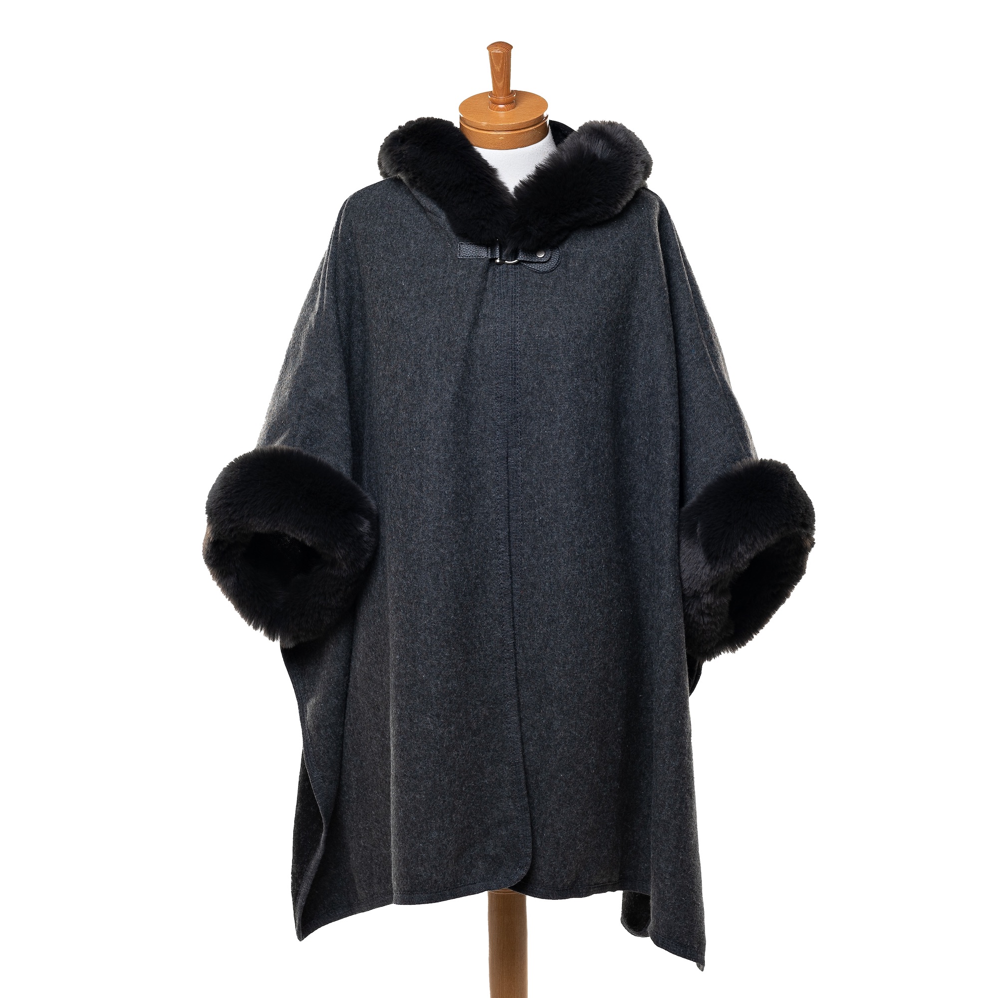 THSP1041: Dark Grey: Faux Fur Hooded Poncho