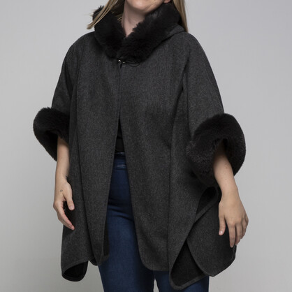 THSP1041: Dark Grey: Faux Fur Hooded Poncho