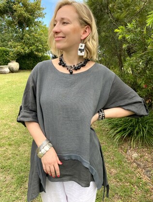 L350-Italian Linen Stylish Designer Overlay Top (S/M - 8-14)