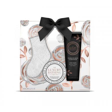 LUXURY BATHING COMPANY SPARKLING ROSE & GERANIUM OVERNIGHT FOOT REVIEVE - SOCKS AND 100ML OVERNIGHT FOOT BALM