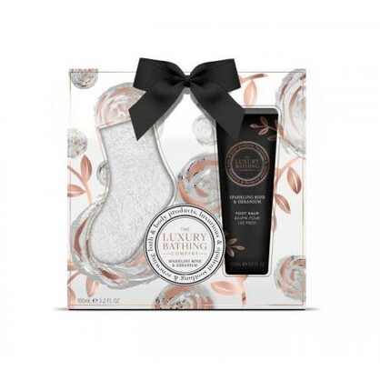 LUXURY BATHING COMPANY SPARKLING ROSE & GERANIUM OVERNIGHT FOOT REVIEVE - SOCKS AND 100ML OVERNIGHT FOOT BALM