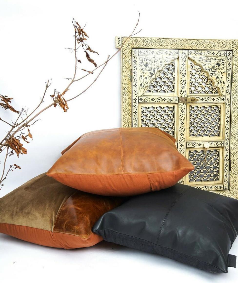 GENUINE LEATHER TAN CUSHION.