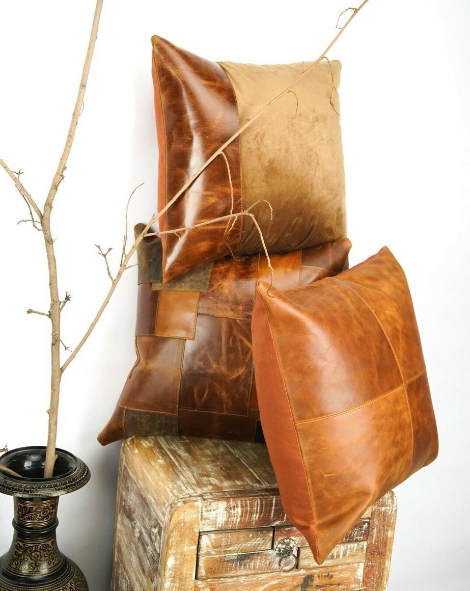GENUINE LEATHER TAN CUSHION.