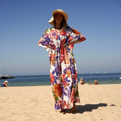 Cotton Kaftan, Caftan, Maxi Dress, Kimono, Cotton Dress, Caridgan, Mother's Day, Gift Maternity Gown - White Floral Anthro - CKF16