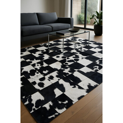 Checkerboard Cowhide Patchwork Rug – Handcrafted Natural Leather