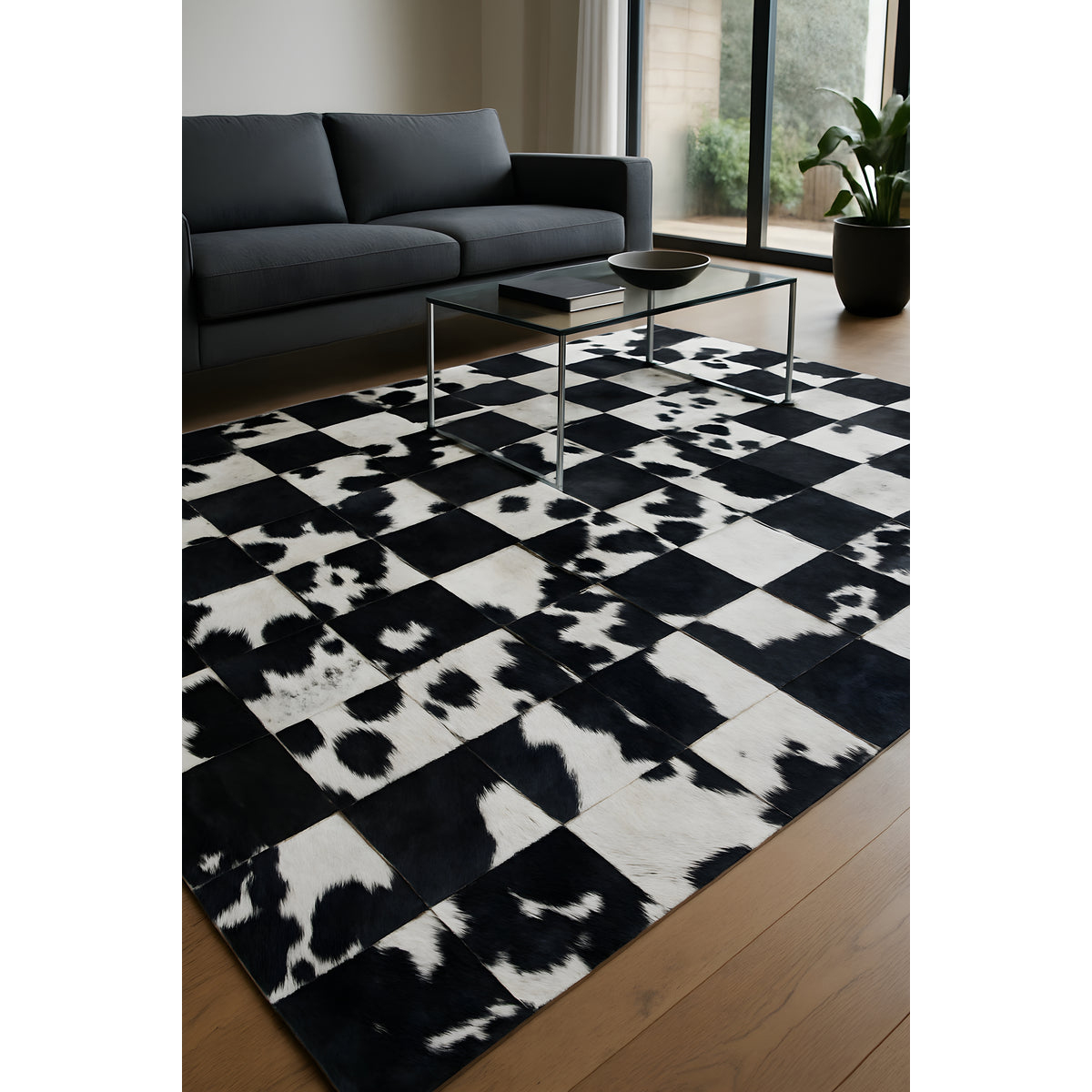 Checkerboard Cowhide Patchwork Rug – Handcrafted Natural Leather