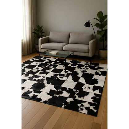 Checkerboard Cowhide Patchwork Rug – Handcrafted Natural Leather