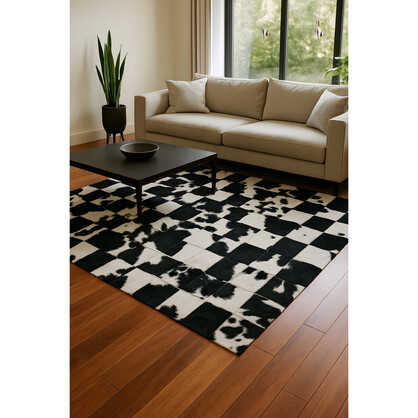 Checkerboard Cowhide Patchwork Rug – Handcrafted Natural Leather