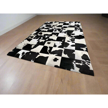 Checkerboard Cowhide Patchwork Rug – Handcrafted Natural Leather