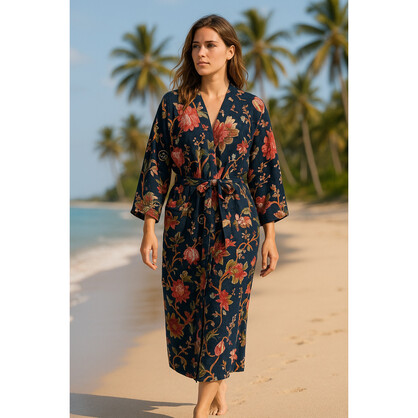Midnight Bloom Waffle Cotton Kimono Robe – Navy Floral