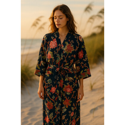 Midnight Bloom Waffle Cotton Kimono Robe – Navy Floral
