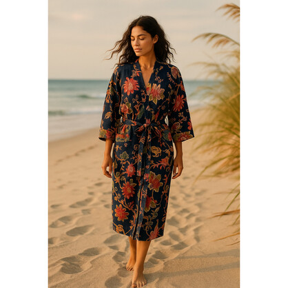 Midnight Bloom Waffle Cotton Kimono Robe – Navy Floral