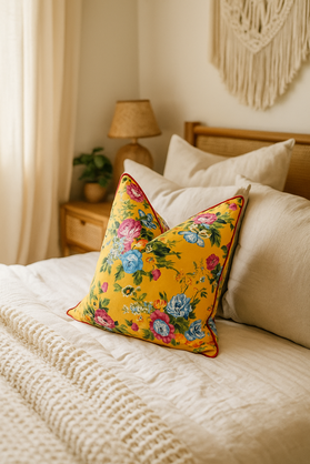 Yellow Floral Cotton Cushion Cover – Handmade | Linen Connections