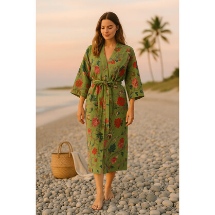 Floral Green Waffle Cotton Kimono Robe - Loungewear & Beach