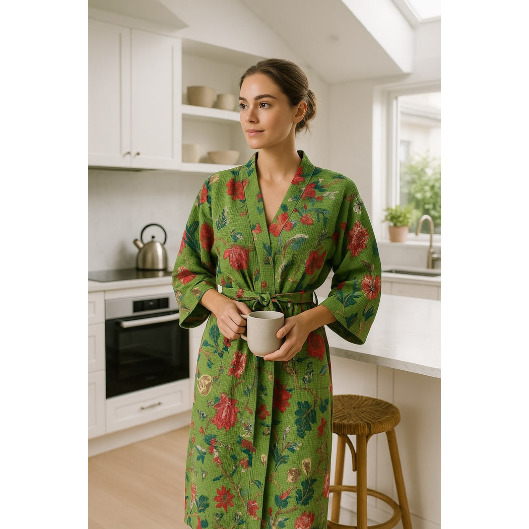 Floral Green Waffle Cotton Kimono Robe - Loungewear & Beach