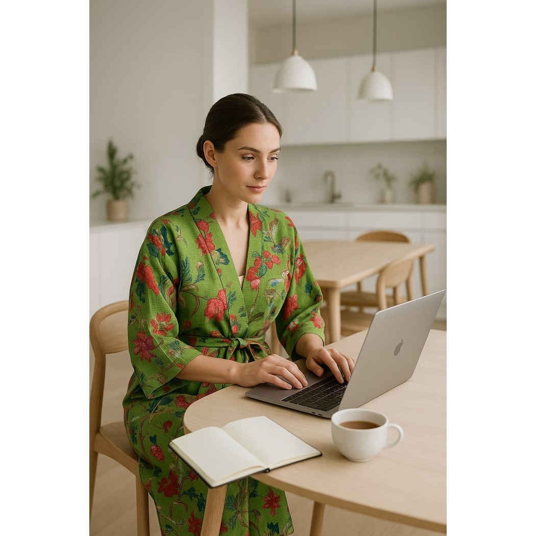 Floral Green Waffle Cotton Kimono Robe - Loungewear & Beach
