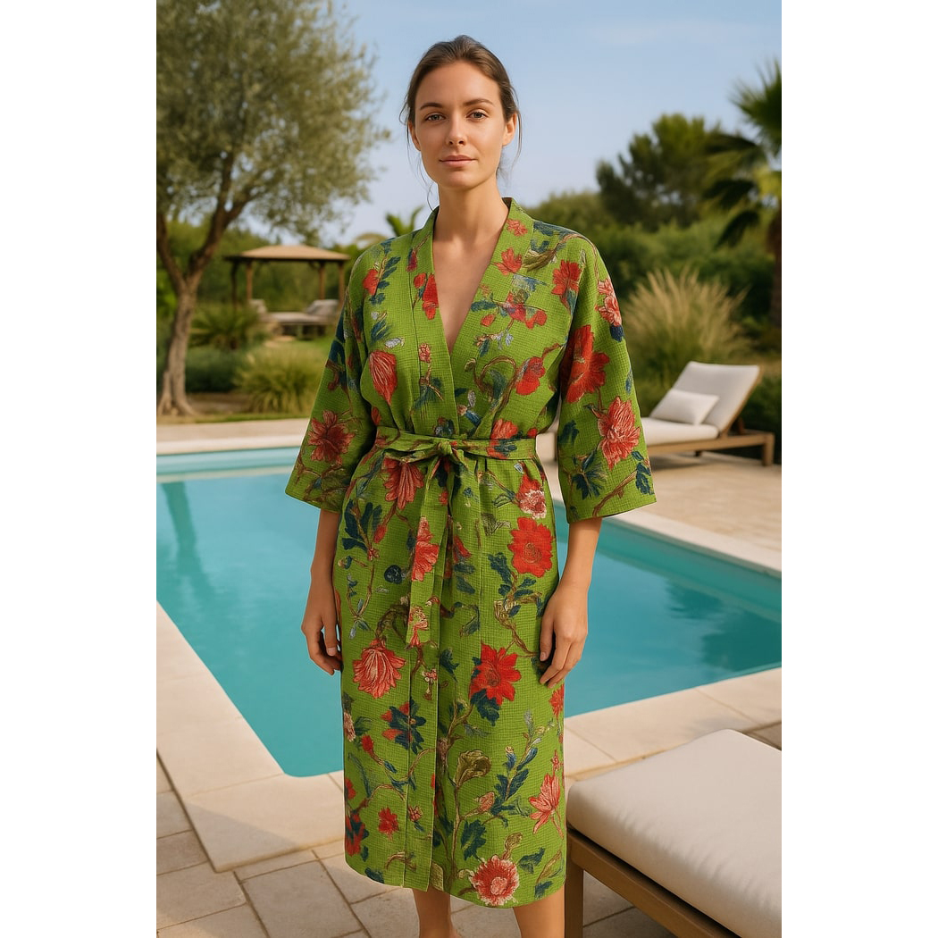 Floral Green Waffle Cotton Kimono Robe - Loungewear & Beach