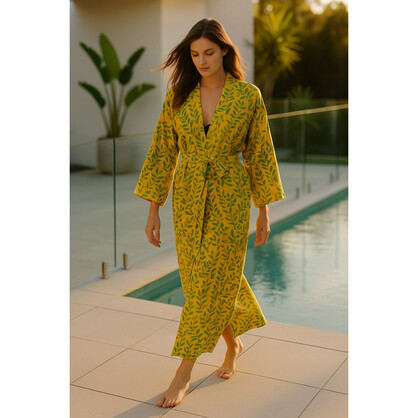 Yellow Leaf Waffle Cotton Kimono Robe Botanical