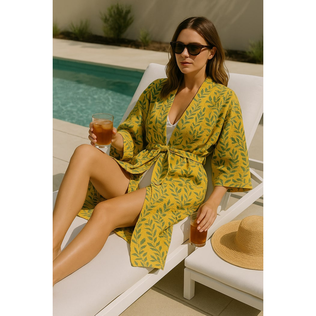 Yellow Leaf Waffle Cotton Kimono Robe Botanical