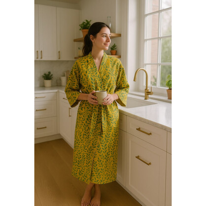 Yellow Leaf Waffle Cotton Kimono Robe Botanical