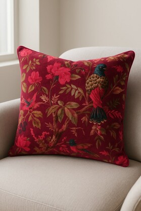 Boho Maroon Velvet Cushion - Cowhide Bird Design Pillo