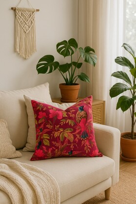 Boho Maroon Velvet Cushion - Cowhide Bird Design Pillo
