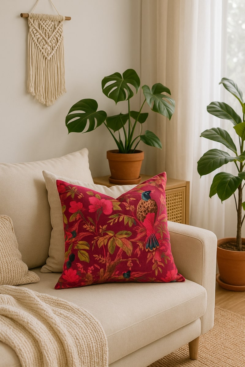 Boho Maroon Velvet Cushion - Cowhide Bird Design Pillo