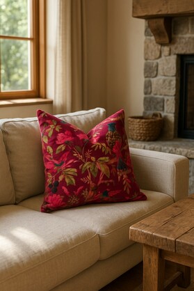 Boho Maroon Velvet Cushion - Cowhide Bird Design Pillo