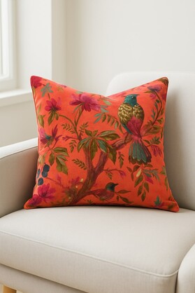 Boho Velvet Cushion - Orange Bird & Floral Accent Pillow | Linen Style