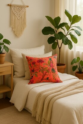 Boho Velvet Cushion - Orange Bird & Floral Accent Pillow | Linen Style