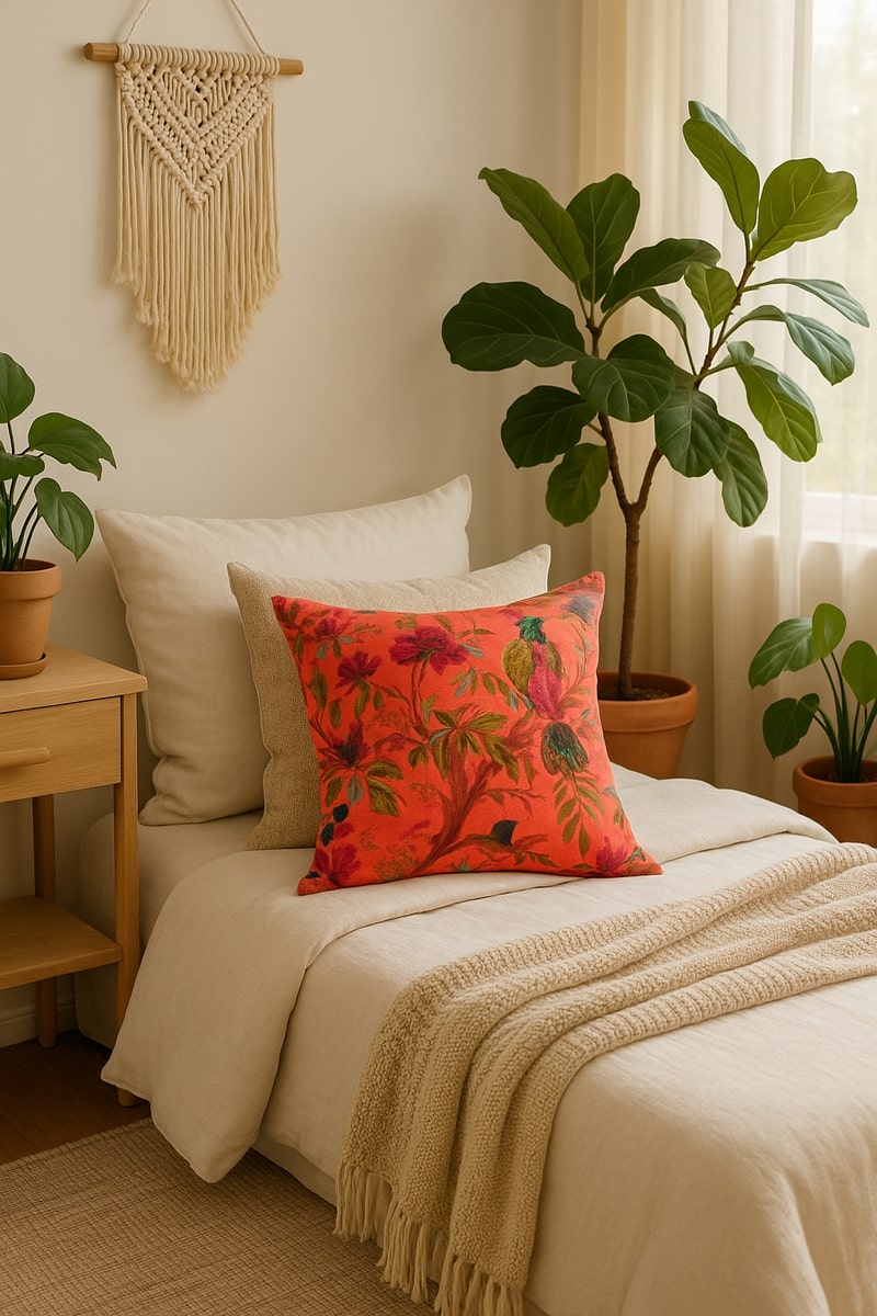 Boho Velvet Cushion - Orange Bird & Floral Accent Pillow | Linen Style