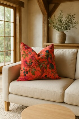 Boho Velvet Cushion - Orange Bird & Floral Accent Pillow | Linen Style
