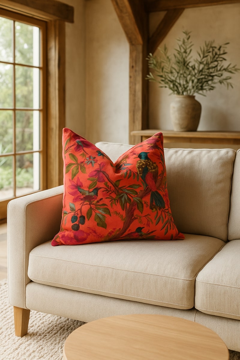 Boho Velvet Cushion - Orange Bird & Floral Accent Pillow | Linen Style